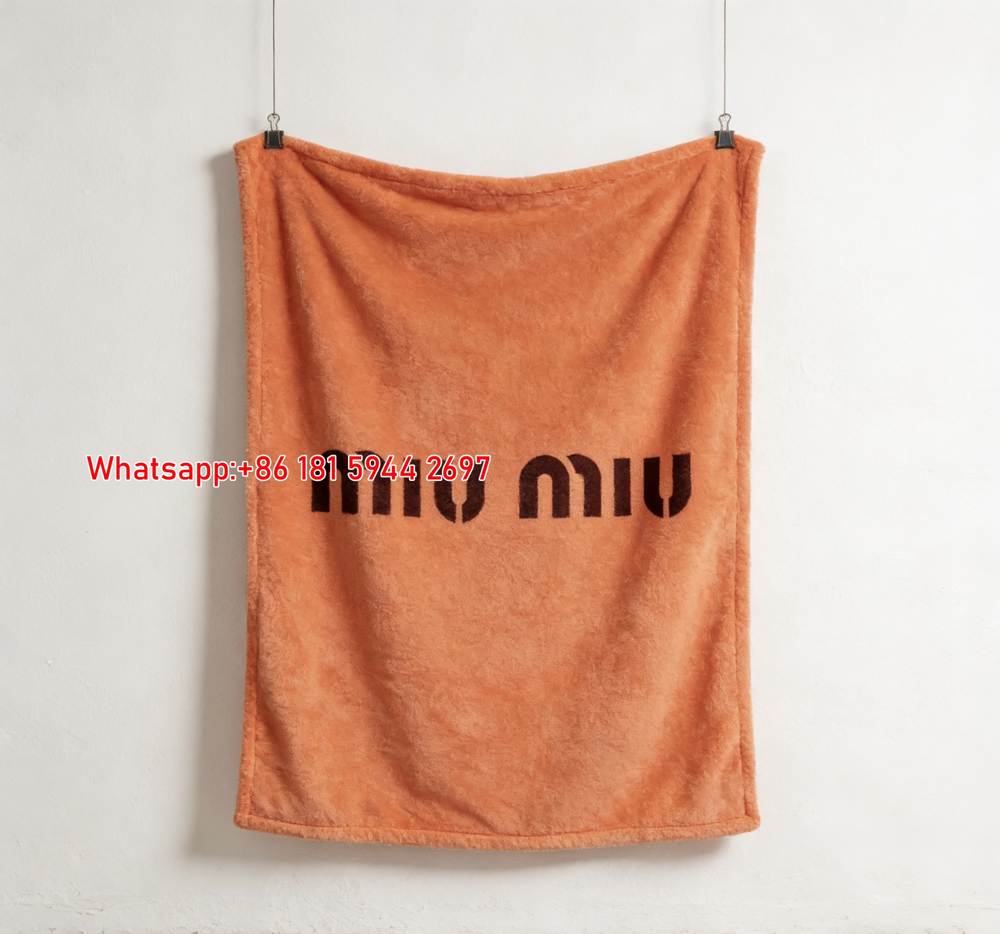 Miu Miu Minimalist Logo Coral Orange Flannel Throw Blanket Miu Miu Brand Name Printed Sofa Blanket IMG_0360